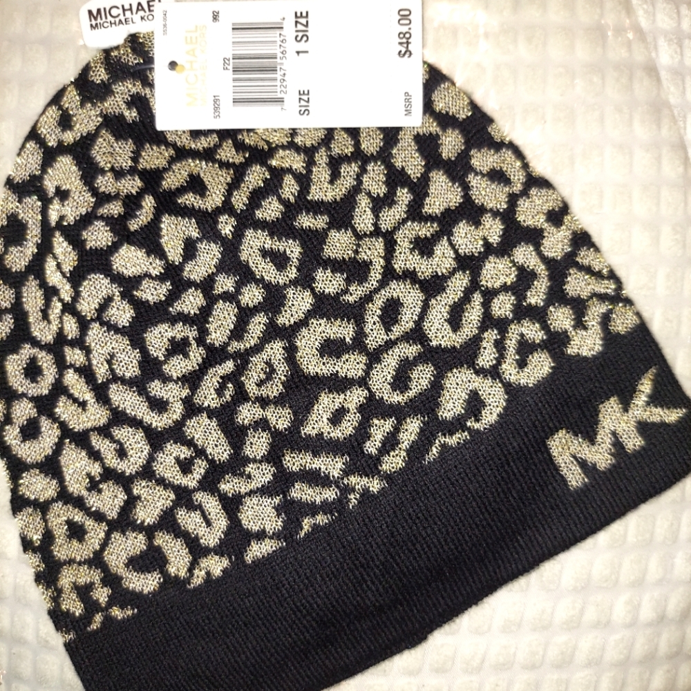 Michael Kors Black and Gold Metallic Leopard Beanie